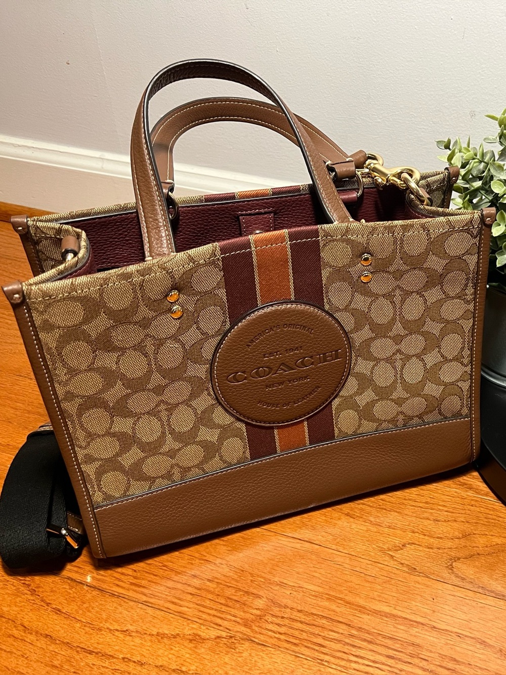 Coach Signature Canvas Tote with Brown and Burgundy Stripes - Picture 7 of 7